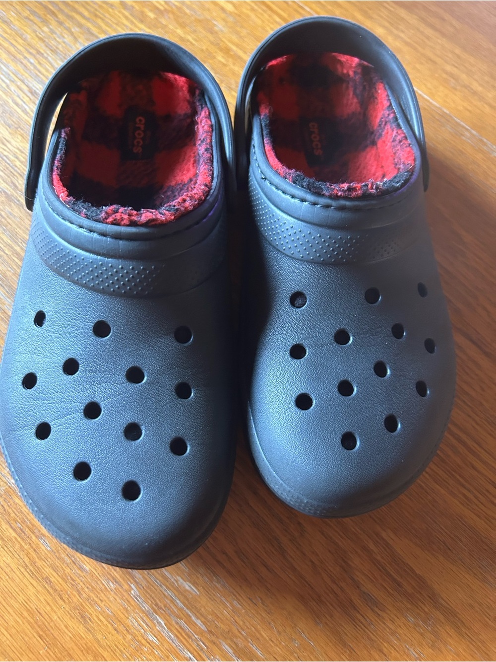CROCS Kids Black Clog with Red Plaid Lining